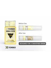 X Torbo double filter packaging with before and after use illustrations on a white background.vape dokha uae