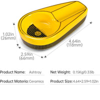 Yellow ceramic ashtray with dimensions and product details on a white background.Vpe Dokha UAE