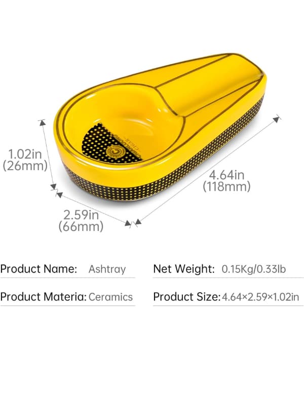 Yellow ceramic ashtray with dimensions and product details on a white background.Vpe Dokha UAE