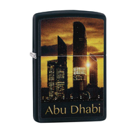 Zippo lighter with Abu Dhabi skyline design on a white backgroun. Vape Dokha UAE