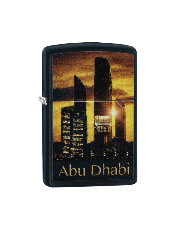 Zippo lighter with Abu Dhabi skyline design on a white backgroun. Vape Dokha UAE