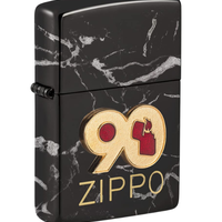 Zippo lighter with black marble design and '90 Zippo' logo on a white background. Vape Dokha UAE