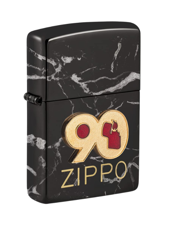 Zippo lighter with black marble design and '90 Zippo' logo on a white background. Vape Dokha UAE