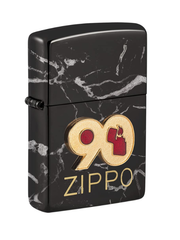 Zippo lighter with black marble design and '90 Zippo' logo on a white background. Vape Dokha UAE