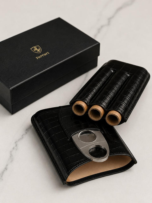 Ferrari luxury 3-finger cigar case set in black crocodile leather with stainless cutter