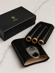 Ferrari luxury 3-finger cigar case set in black crocodile leather with stainless cutter
