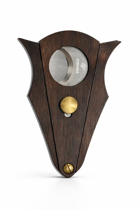Cohiba wooden guillotine cigar cutter in dark walnut with brass detail