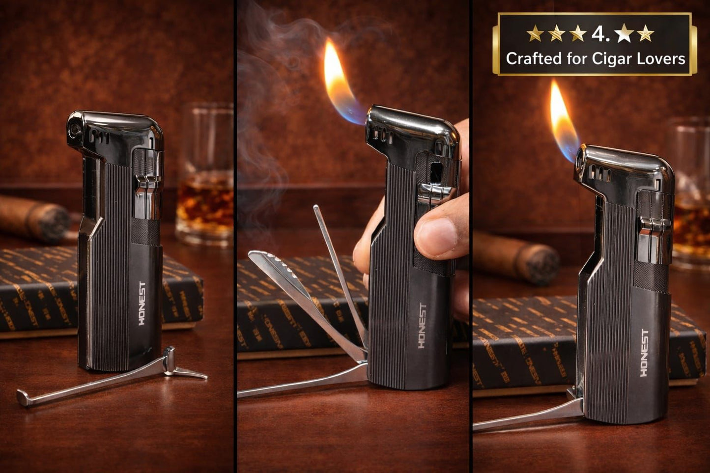 HONEST multi-tool cigar lighter with built-in cutter and stand