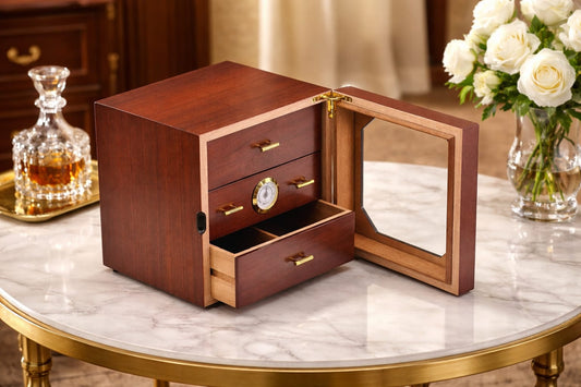 Luxury wooden cigar humidor cabinet with glass door and 3-drawer storage