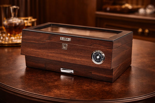 Lubinski luxury glass-top cigar humidor box with Spanish cedar interior and lock drawer