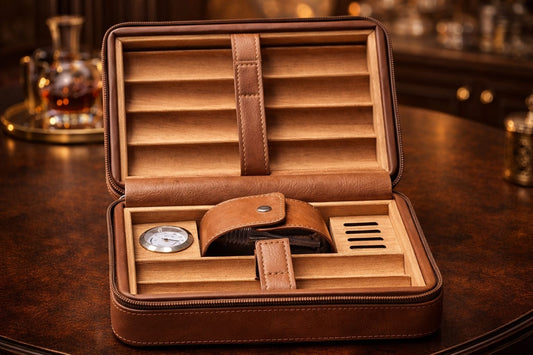 Premium leather travel cigar case with cedar lining and built-in hygrometer, 8-cigar capacity